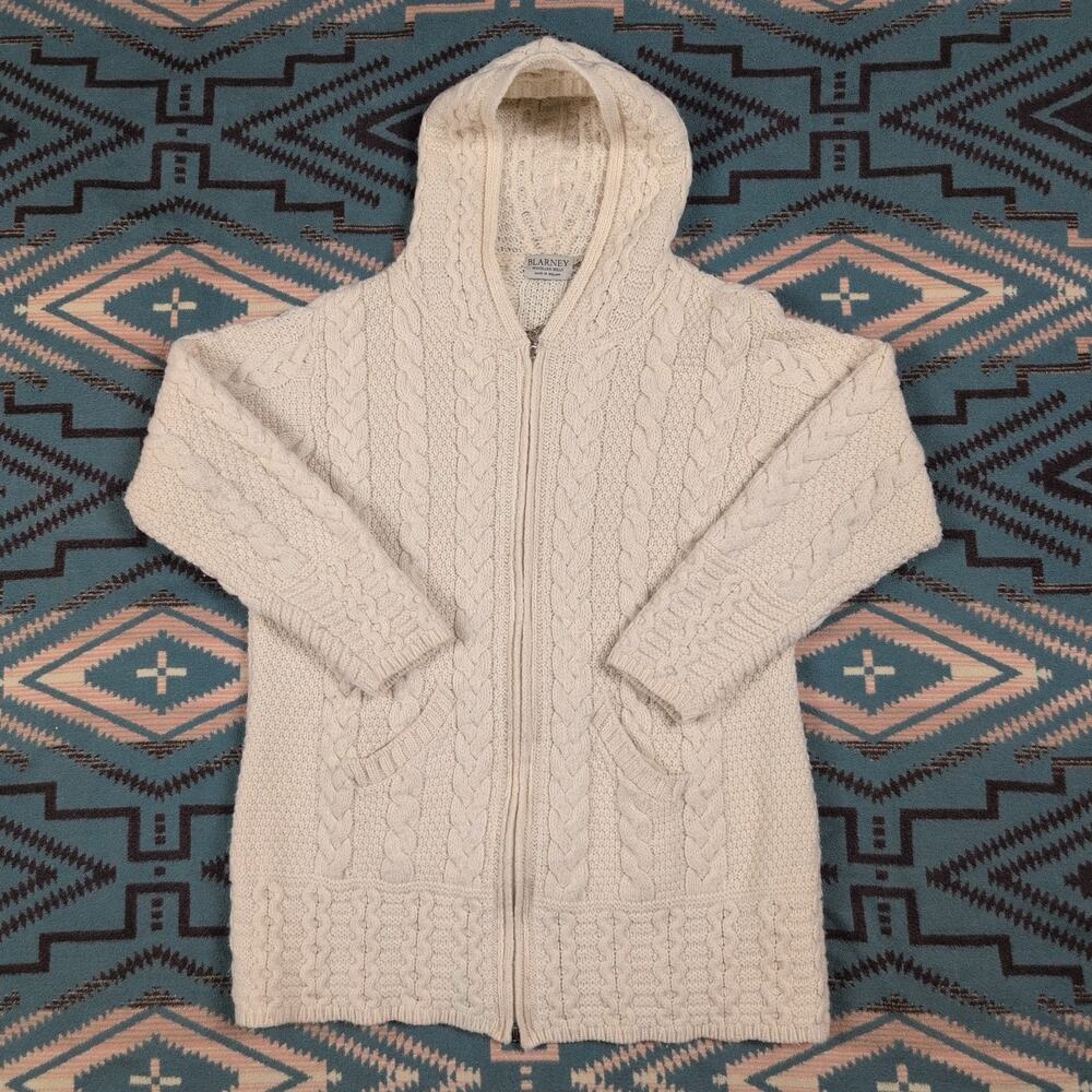 Blarney Aran Ireland Merino Wool Hooded Cardigan Fisherman Cableknit Large - Picture 5 of 7